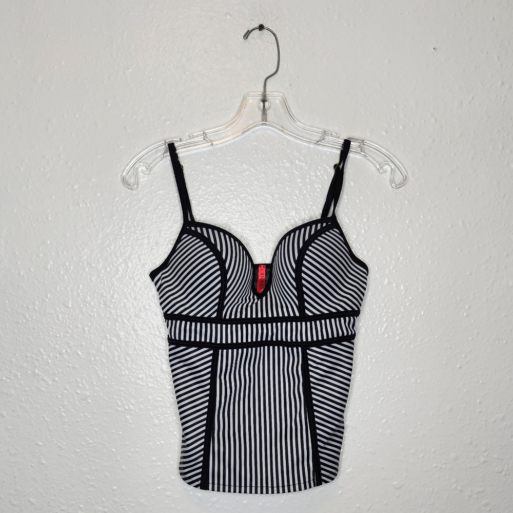 SPANX Black and White Striped Swim Top